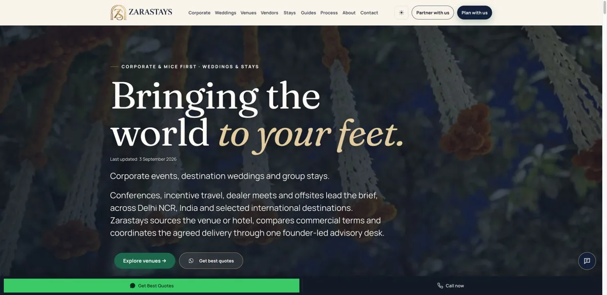 Zarastays website, showing its corporate events and hospitality offer